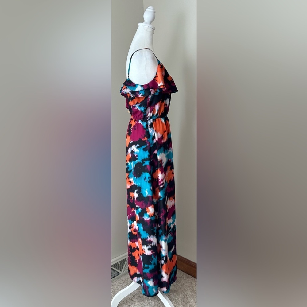 LOFT Vibrant Colorful Tie Dye Sleeveless Ruffled Maxi Dress Size 14 Petite - Picture 2 of 7
